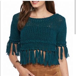 Free People chunky teal knit fringe crop top sweater sz XS